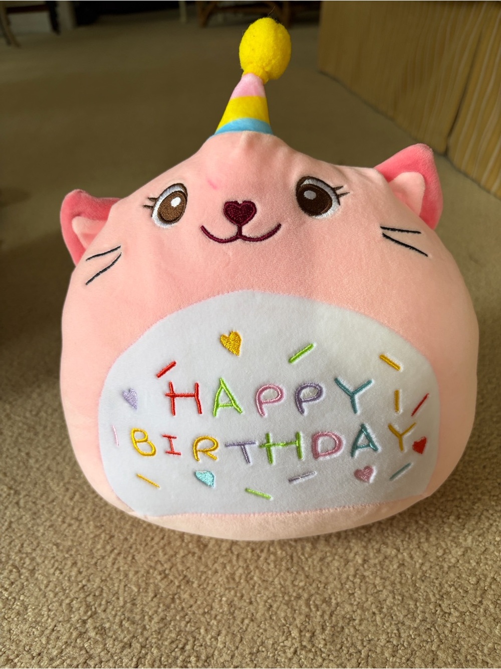 Pink Birthday Cat Plush Toy - Soft Party Cat Stuffed Animal